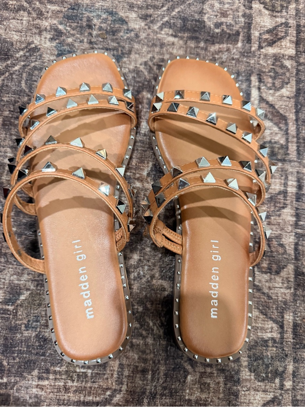 Madden Girl Tan Pyramid Stud Multi-Strap Slide Sandals NWOT